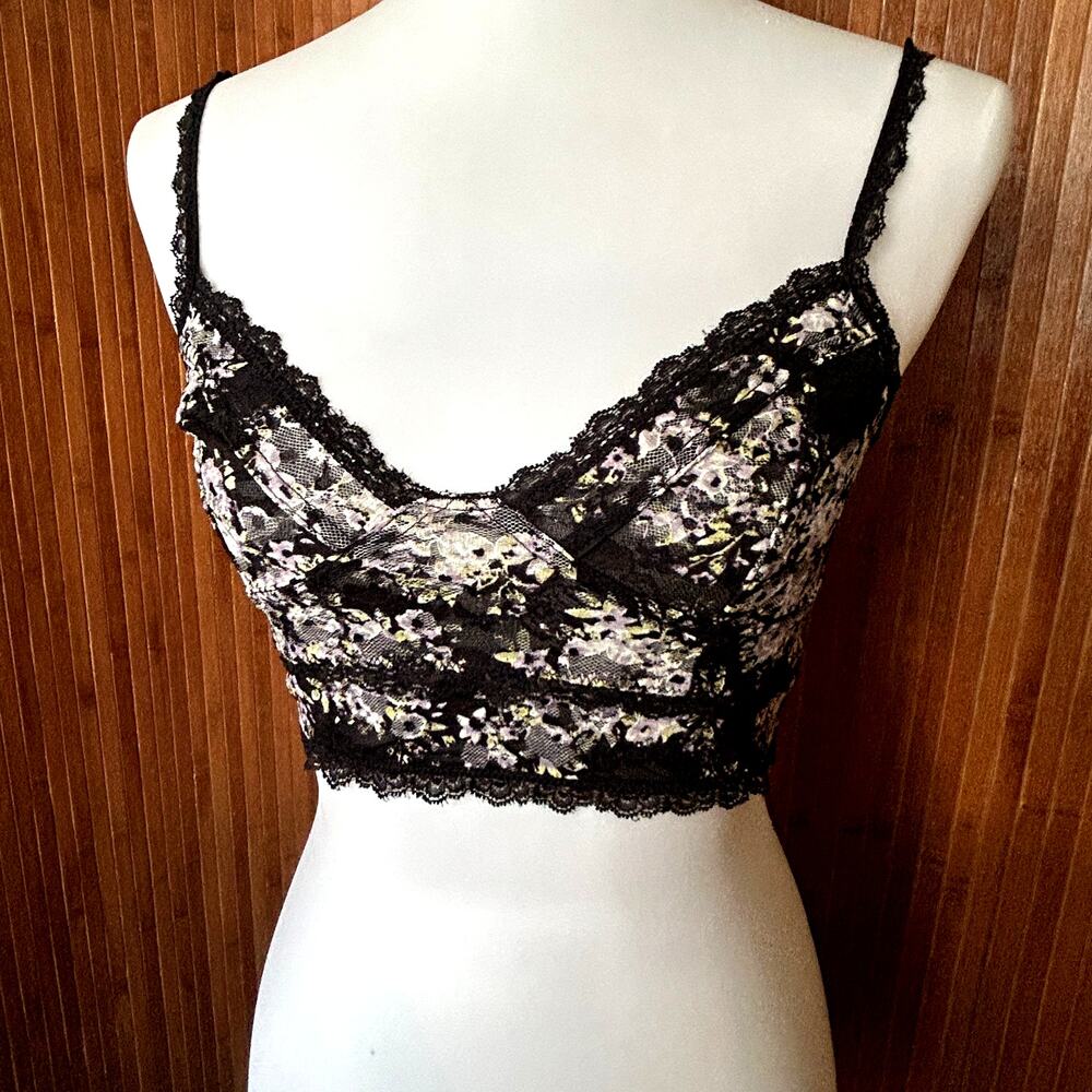 Free People Floral Lace Longline Bralette Black Lavender Yellow Size S